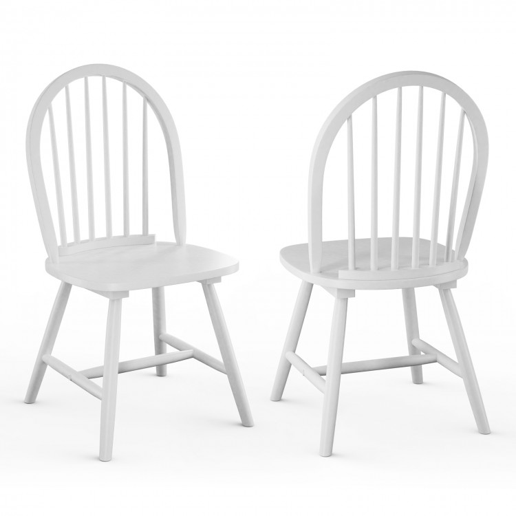 Set of 2 white vintage Windsor wood chairs with spindle backs, featuring ergonomic seats for dining room comfort.
